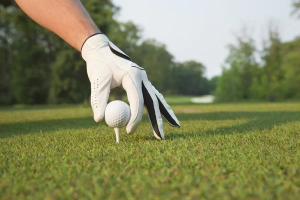 Selektiver Fokus der Golfhand, die den Ball auf den Abschlag legt — Stockfoto