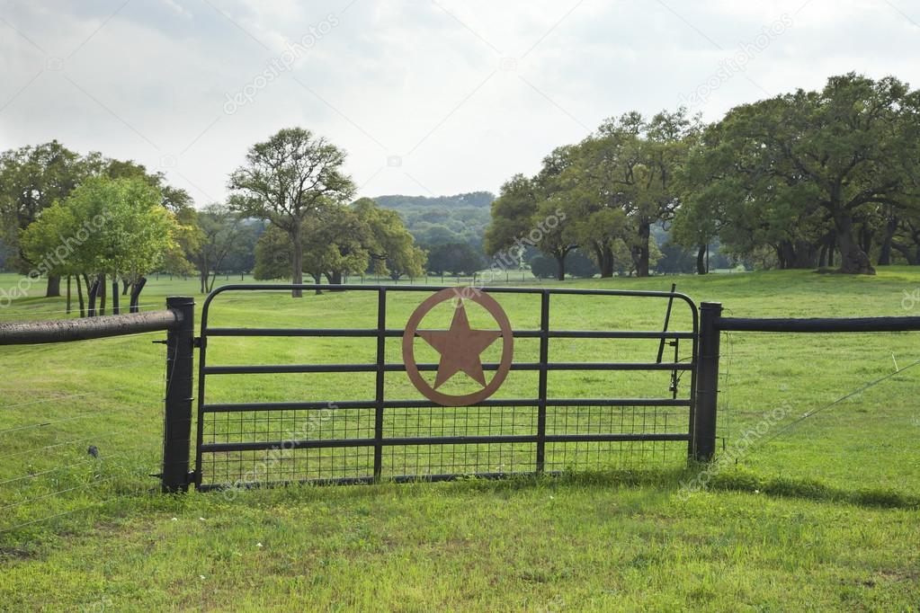 Ranch gate with a star in a Texas Hill Country pasture with trees