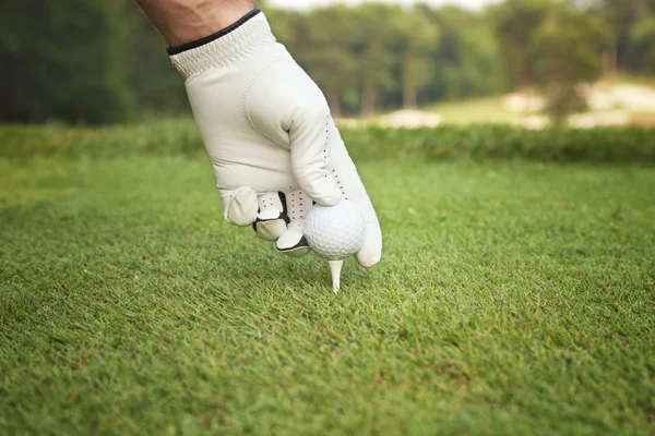 Foco seletivo da mão do golfista colocando bola no tee — Fotografia de Stock