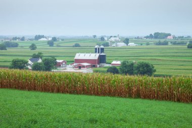 Lancaster County Pennsylvania 'daki çiftliklerin manzarası yaz boyunca bulutlu bir günde