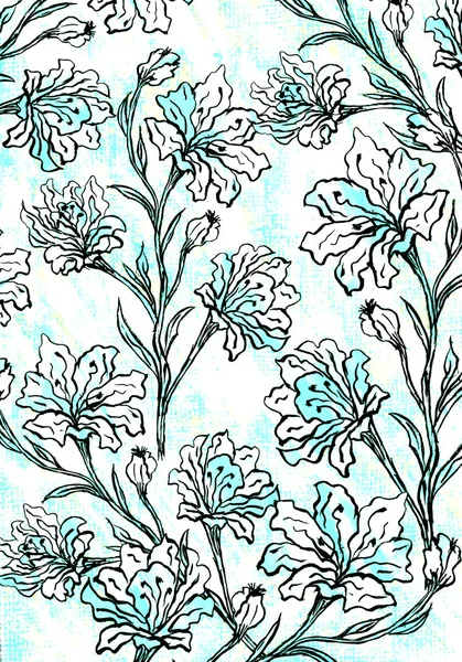 Floral graphic design on a blue cloth texture.