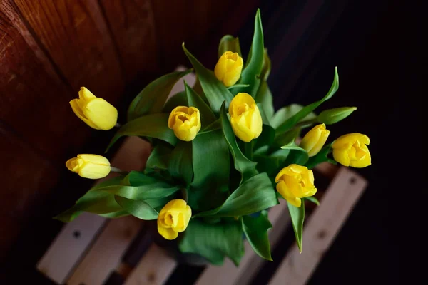 Gele tulpen in een vaas Stockfoto