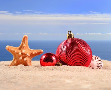 Noel süslemeleri kabukları ve denizyıldızı plaj kum üzerinde