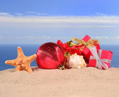 Noel süslemeleri kabukları ve denizyıldızı plaj kum üzerinde
