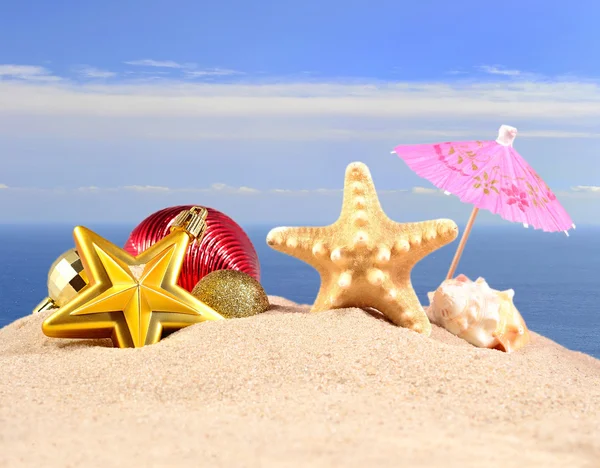 Decorações de Natal conchas e estrelas do mar em uma areia de praia — Fotografia de Stock