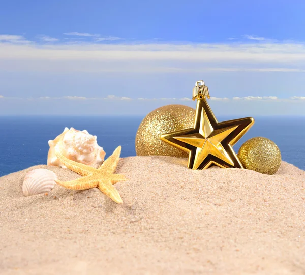 Decoraciones navideñas conchas marinas y estrellas de mar en una playa de arena — Foto de Stock