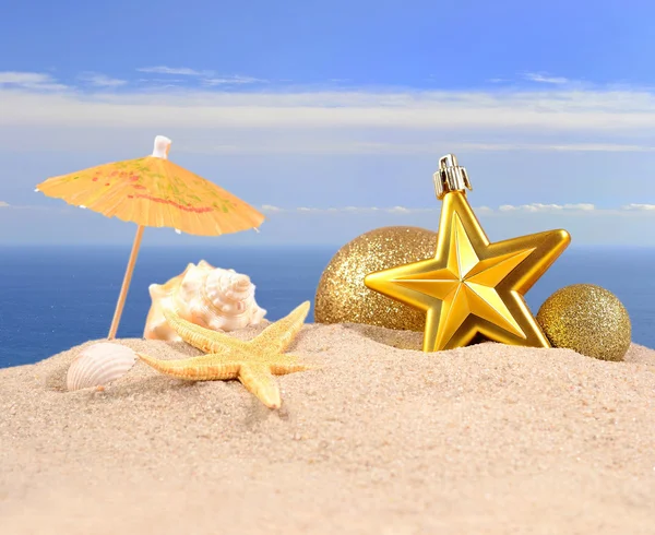 Decoraciones navideñas conchas marinas y estrellas de mar en una playa de arena — Foto de Stock