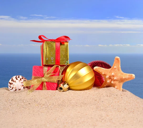Decoraciones navideñas conchas marinas y estrellas de mar en una playa de arena — Foto de Stock