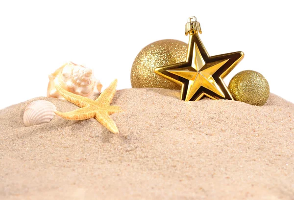 圣诞装饰品贝壳和上海滩沙滩上的海星 免版税图库照片