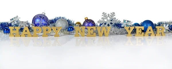 Happy New Year golden text and Christmas decorations — Stock Photo, Image