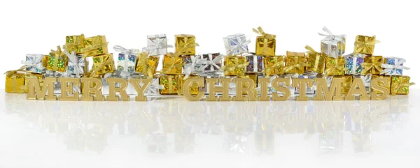 Neşeli Noel altın metin ve altın ve gümüş hediyeler — Stok fotoğraf