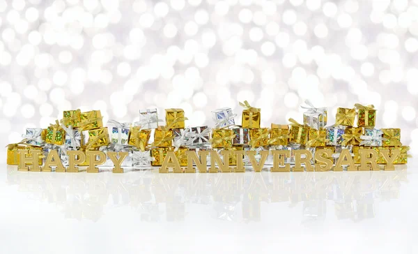 Feliz aniversario texto de oro y regalos de oro y plata — Foto de Stock