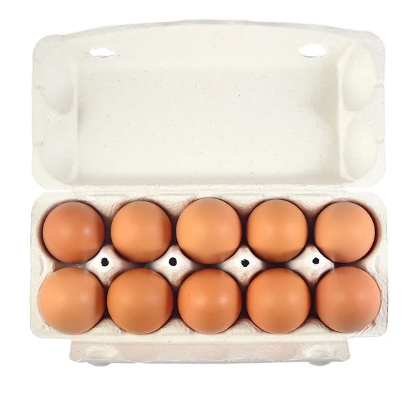 El cartón de los huevos frescos castaños sobre blanco — Foto de Stock