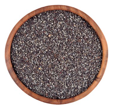 Bir beyaz tahta bir kase haşhaş tohumu 