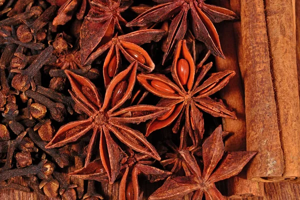 Anís estrellado, palitos de canela y clavo de olor — Foto de Stock