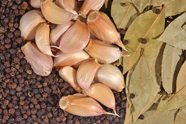 Garlic, bay leaves and peppercorns — Stock Photo, Image