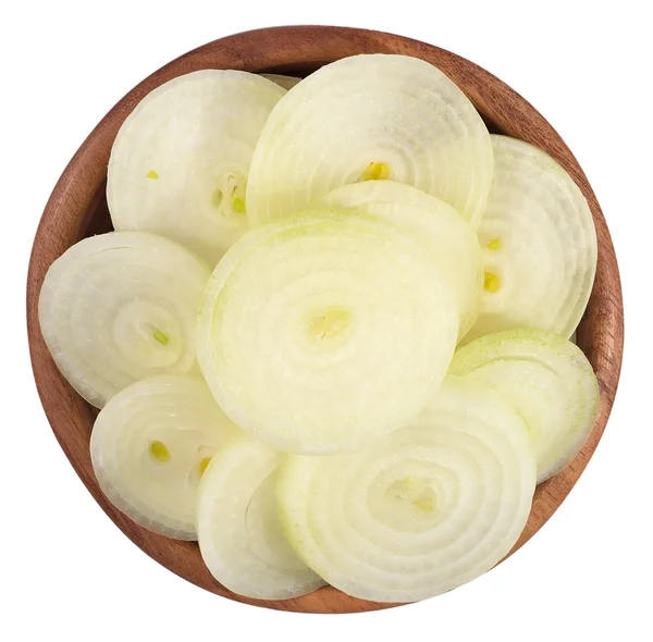 Onion slices in a wooden bowl on a white — Stock Photo, Image