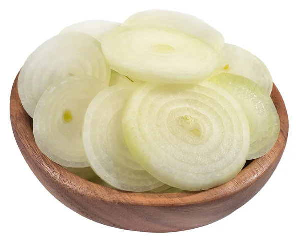 Onion slices in a wooden bowl on a white — Stock Photo, Image