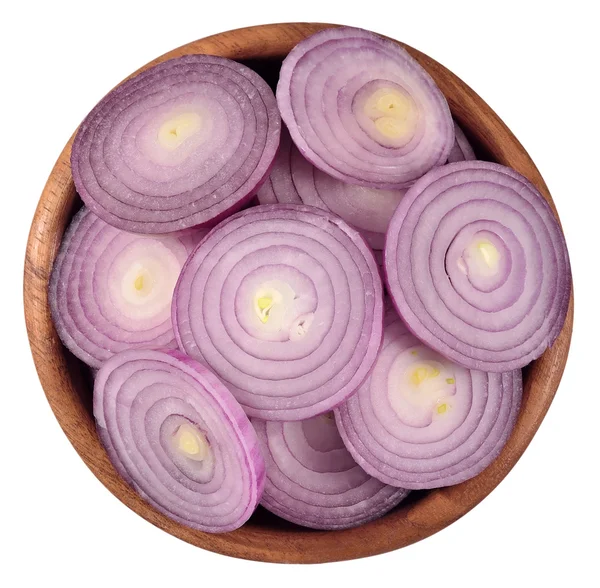 Red onion slices in a wooden bowl on a white — Stock Photo, Image