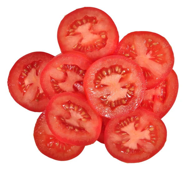 Halda plátky rajčat na bílé — Stock fotografie