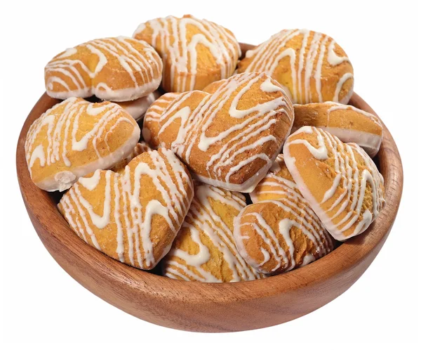 Cookies in heart shape in a wooden bowl on a white — Stock Photo, Image