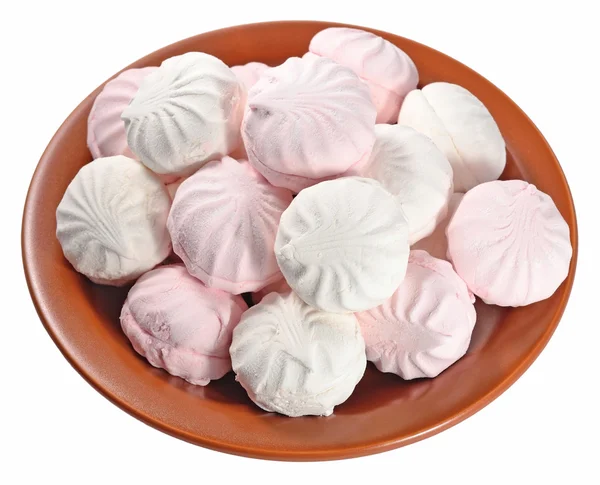 White and pink marshmallow on a ceramic plate on a white — Stock Photo, Image