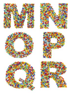 Letters of the alphabet M through R made from colorful glass bea clipart