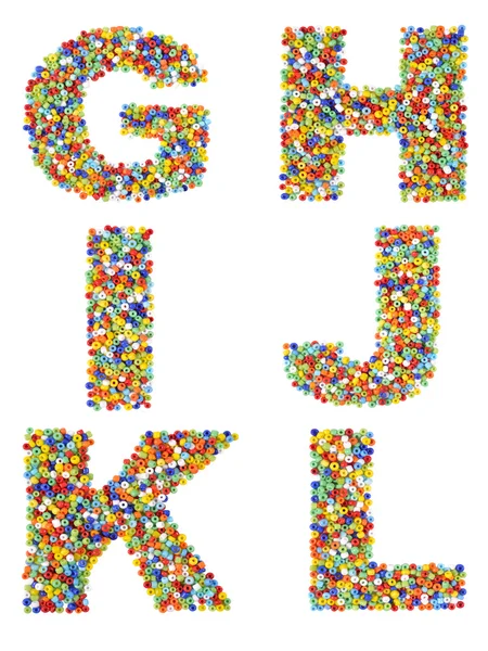 Letters of the alphabet G through L made from colorful glass bea — Stock Photo, Image