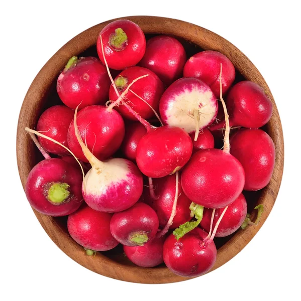 Red radish in a wooden bowl on a white — Stock Photo, Image