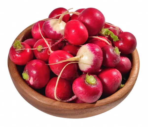 Red radish in a wooden bowl on a white — Stock Photo, Image