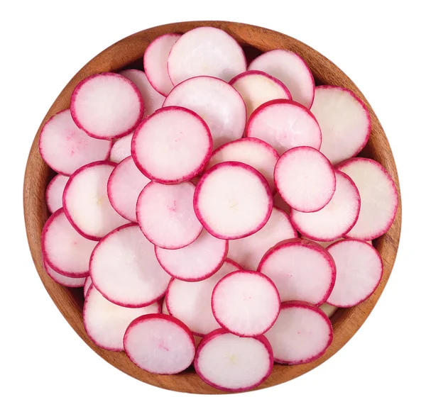 Red sliced radish in a wooden bowl on a white — Stock Photo, Image
