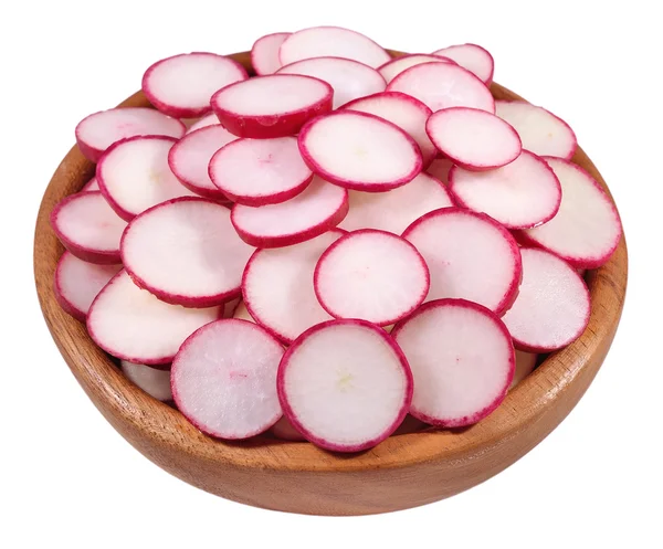 Red sliced radish in a wooden bowl on a white — Stock Photo, Image