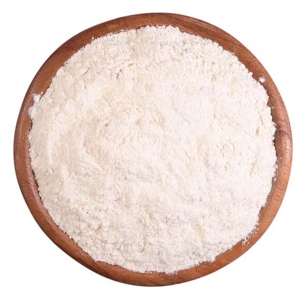 White flour in a wooden bowl on a white — Stock Photo, Image