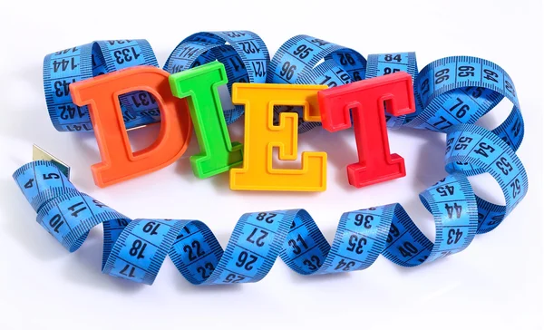 Word Dieta escrita con letras coloridas con cinta métrica azul o —  Fotos de Stock