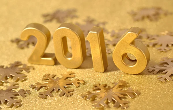 2016 year golden figures and golden snowflakes — Stock Photo, Image