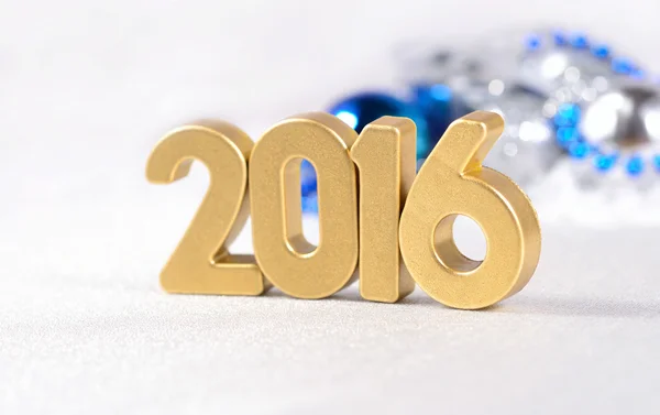 2016 year golden figures and silvery and blue Christmas decorati — Stock Photo, Image