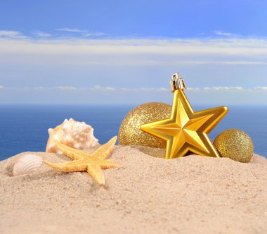 Noel süsleri, kabukları ve denizyıldızı plaj kum üzerinde