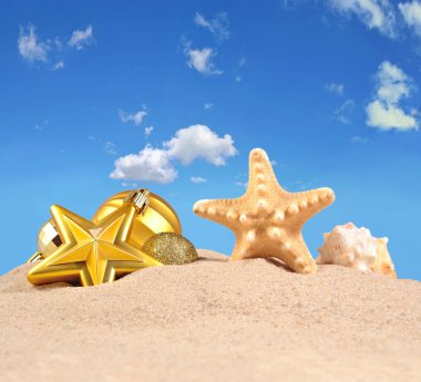 Noel süsleri, kabukları ve denizyıldızı plaj kum üzerinde