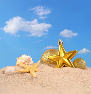 Noel süsleri, kabukları ve denizyıldızı plaj kum üzerinde