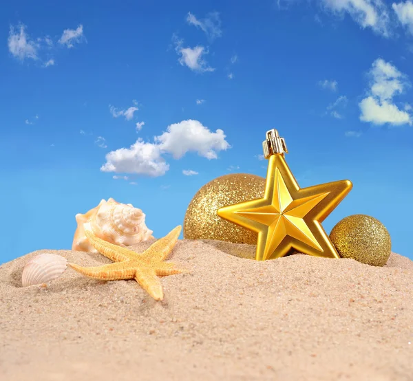 Decoraciones navideñas, conchas marinas y estrellas de mar en una playa de arena — Foto de Stock