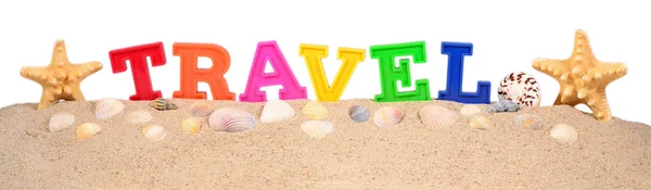 Travel letters on a beach sand on a white — Stock Photo, Image