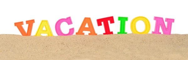 Vacation letters on a beach sand on a white — Stock Photo, Image