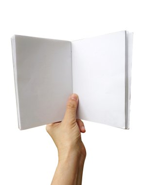 izole beyaz zemin üzerine beyaz defter tutan el