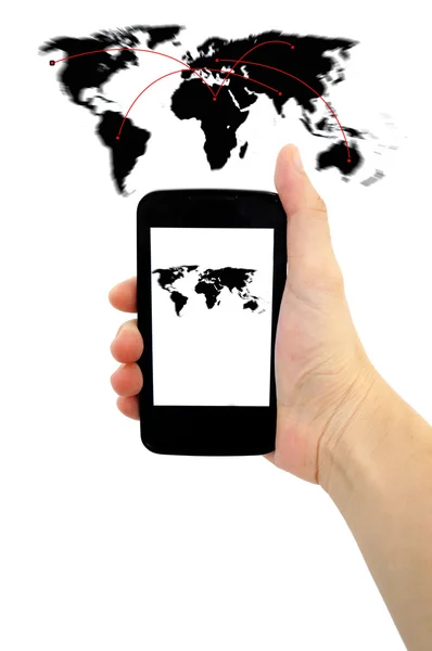 Business, Technologie, Internet und Netzwerkkonzept - Frauenhand mit Smartphone und virtuellem Bildschirm — Stockfoto
