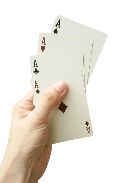 Παίζοντας χαρτιά στο χέρι απομονώνονται σε λευκό φόντο — Φωτογραφία Αρχείου