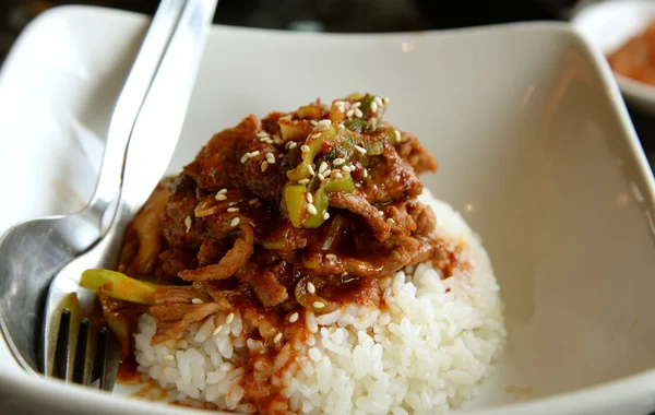 Carne grelhada coreana com arroz (close ) — Fotografia de Stock