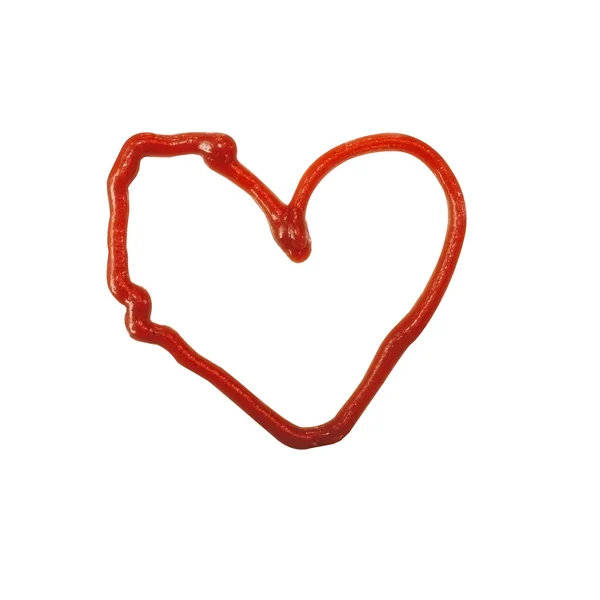 Domates ketçap ya da kırmızı beyaz arka plan üzerinde çizilmiş kalp izole sos — Stok fotoğraf