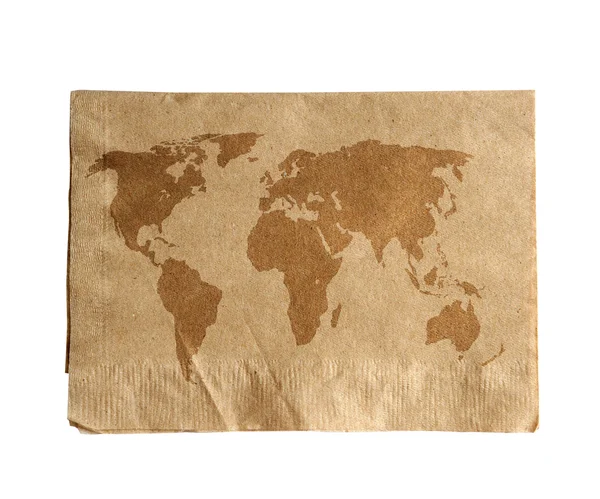 Mappa del mondo su tovagliolo marrone isolato su bianco (percorso di ritaglio ) — Foto Stock