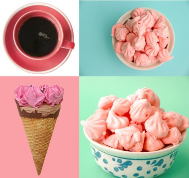 Pastel renkli buz krem, kahve ve beze kolaj