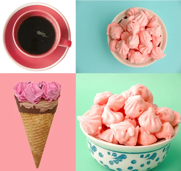 Pastel gelado colorido, café e colagem de merengue — Fotografia de Stock